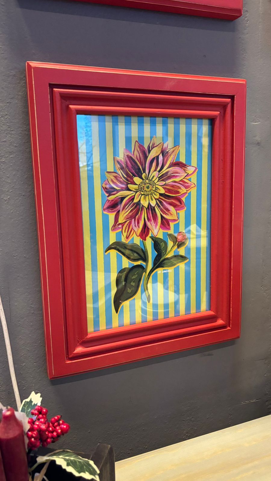 Cuadro lámina flor líneas 1 marco rojo