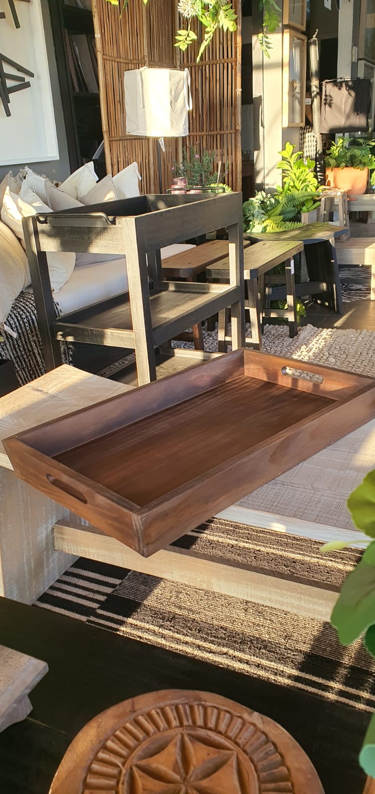Bandeja de Trago — Pino Clear Aserrada Pátina Café 60x35x7