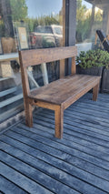 Banca Rústica con Respaldo - Pino Clear Aserrado Teñido Café 120x45x80