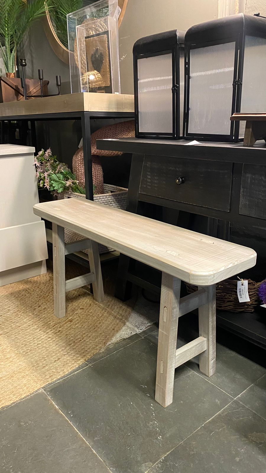 Banqueta Tere — Pino Clear Teñido Rústico Gris Beige Oscuro Envejecido 90x23x45