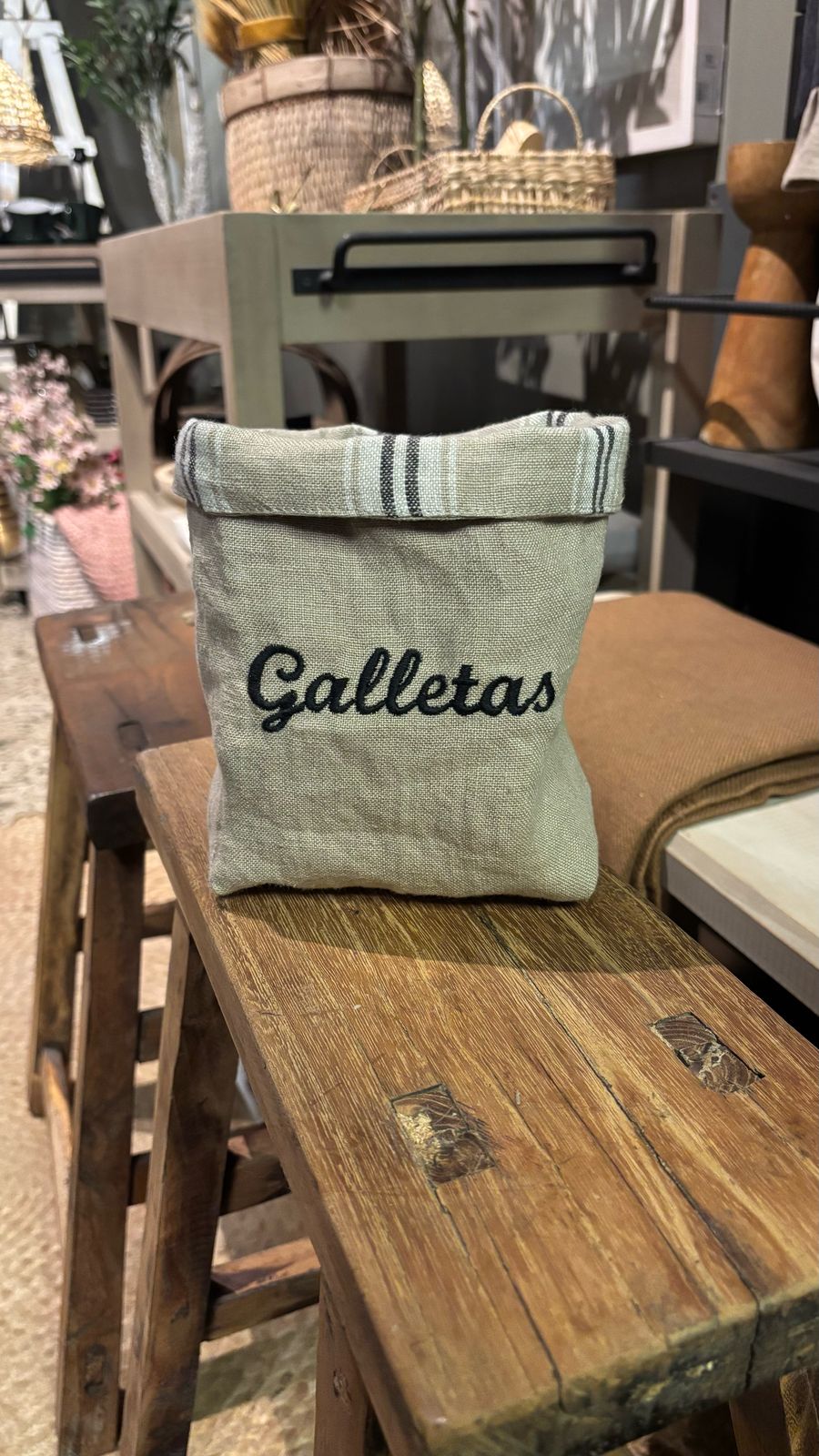 Funda de Lino para Frasco — Bordado Galletas Bordada Natural 13x13x15