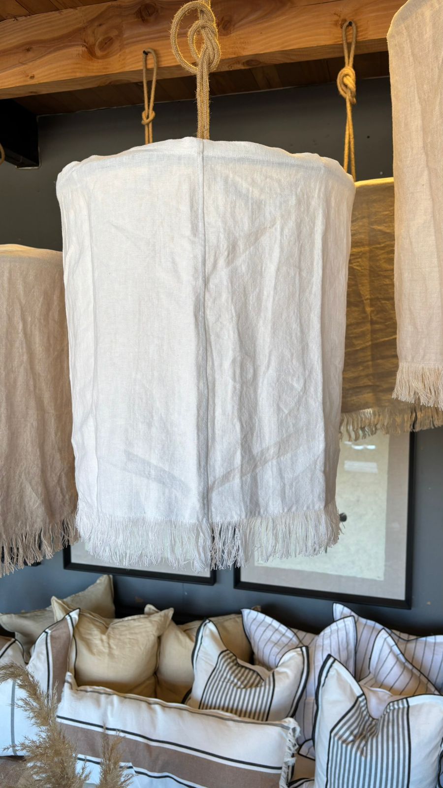 Lámpara Colgante con Funda de Lino con Flecos — Blanco 45x55