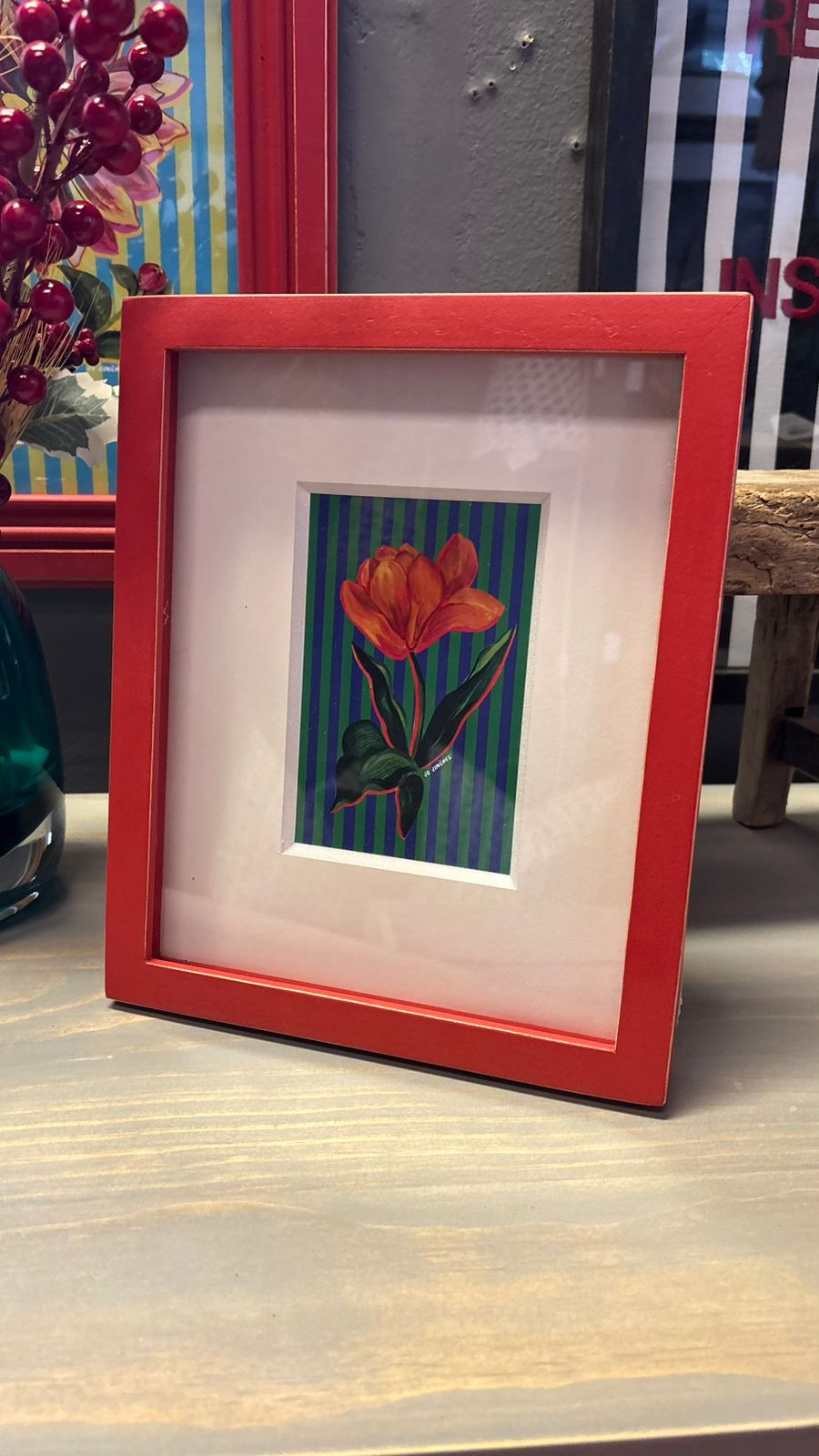 Cuadro Lámina Flor — Diseño 1 Pino Clear Pulido Rojo 23x28