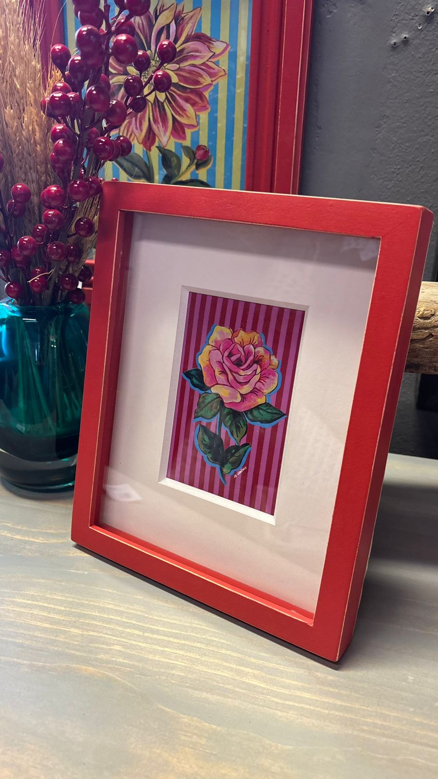 Cuadro Lámina Flor — Diseño 2 Pino Clear Pulido Rojo 23x28