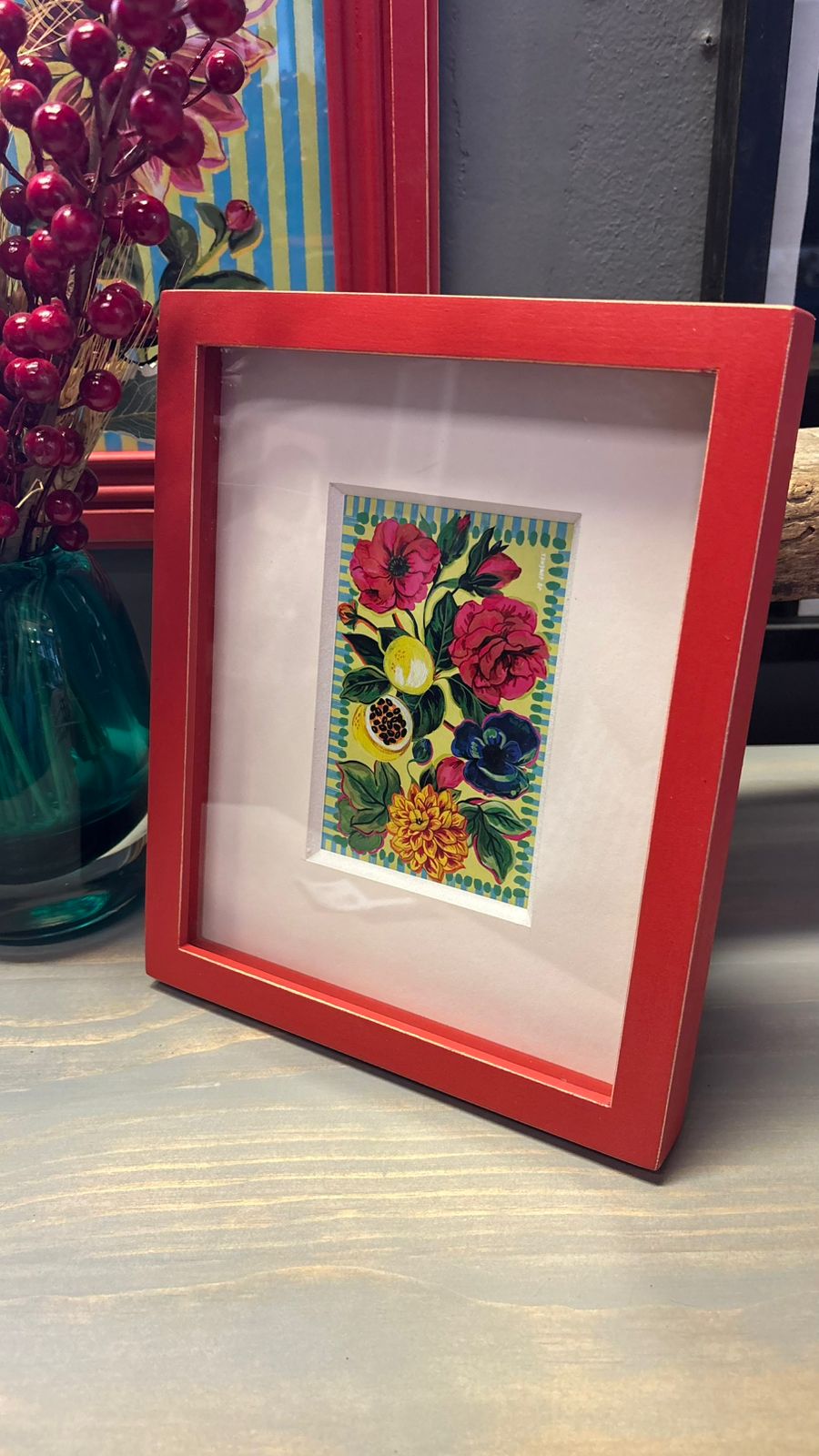 Cuadro Lámina Flor — Diseño 3 Pino Clear Pulido Rojo 23x28