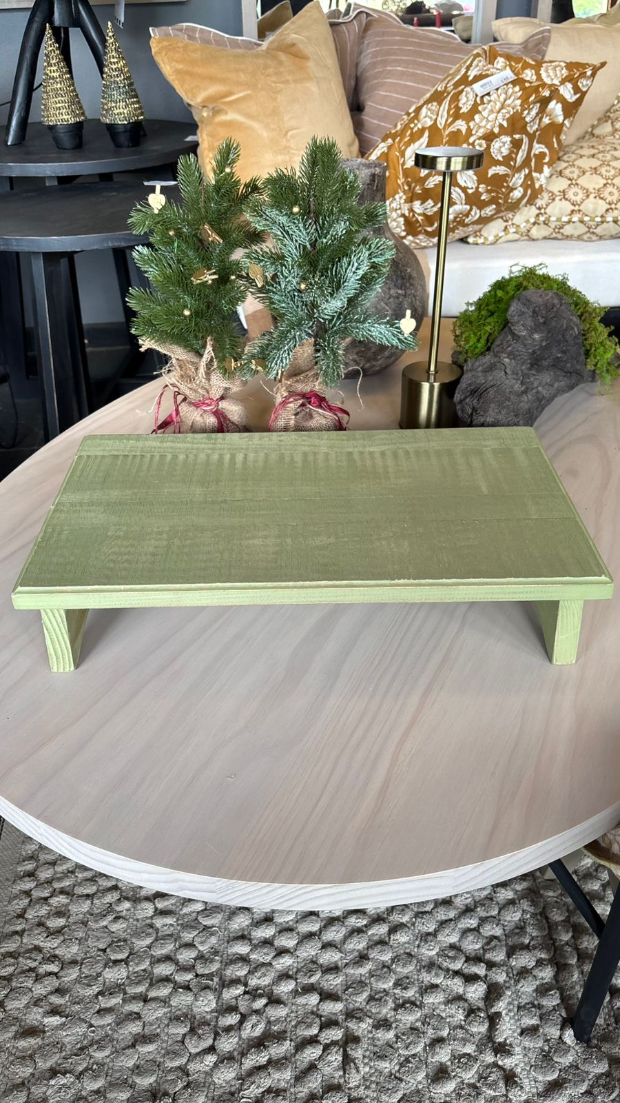 Tarima Redonda - Pino Clear Aserrado Pátina Verde Tamaño Chico 50x30x9