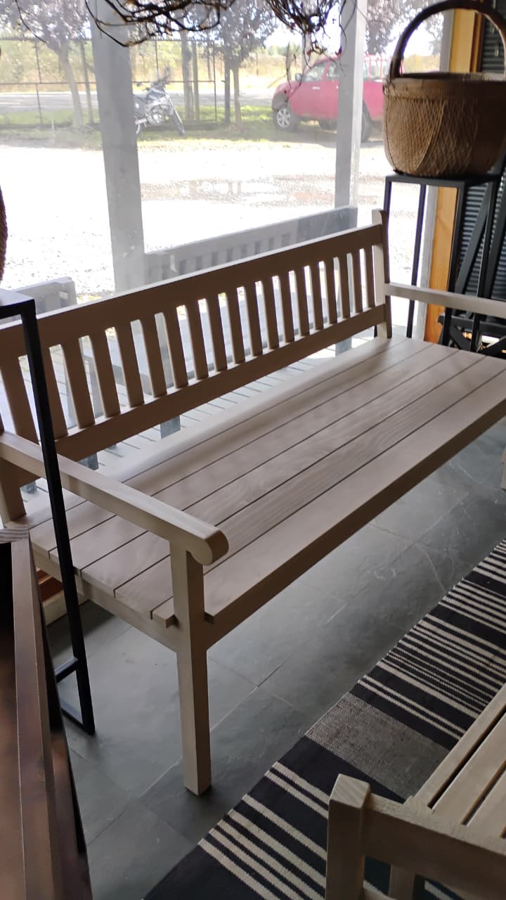 Banca con Respaldo — Pino Clear Teñido Rústico Gris Beige Envejecido 170x60x90