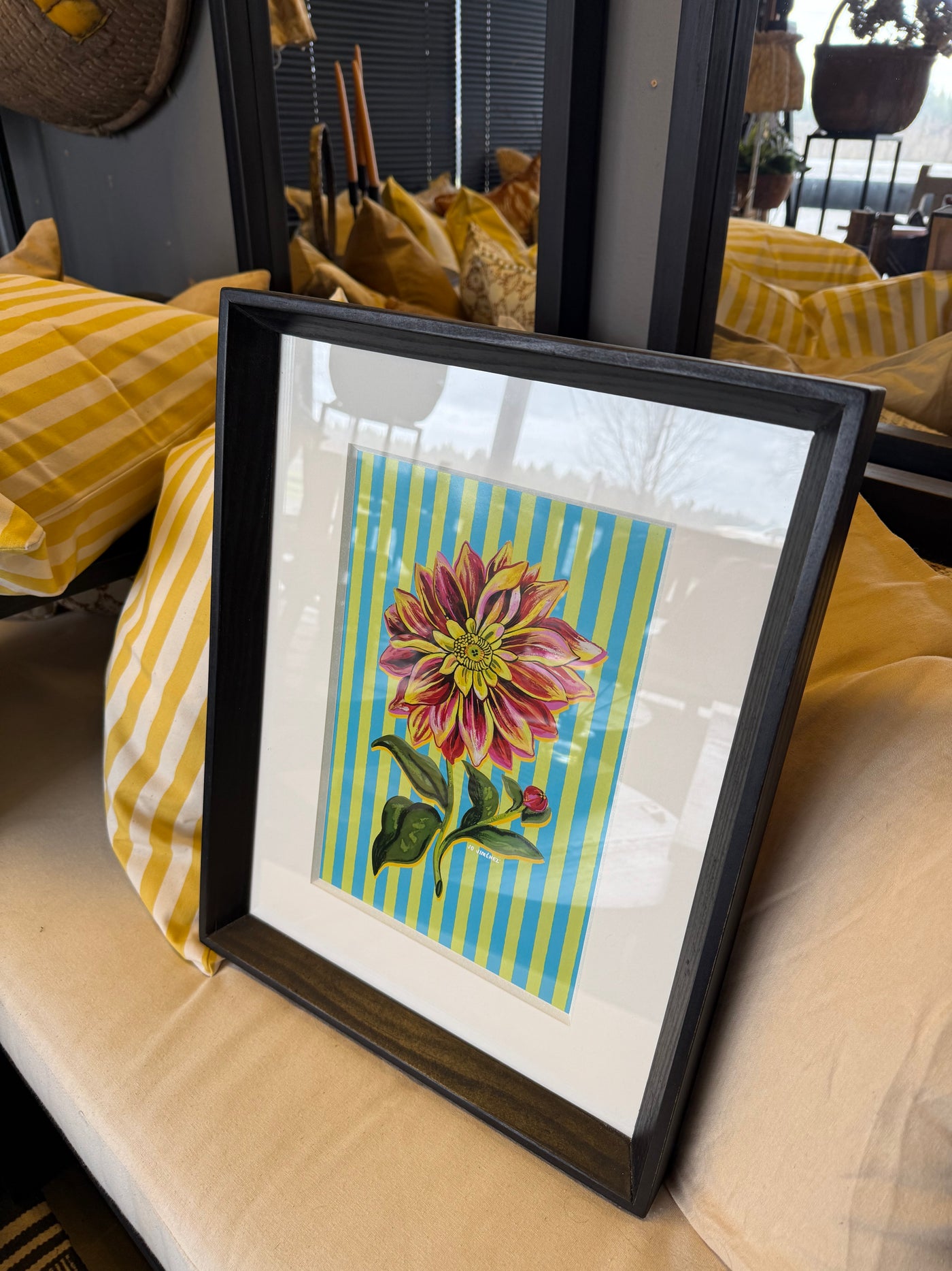 Cuadro Flor — Con Líneas Verde Amarillo Pino Clear Pulido Verde 36x45