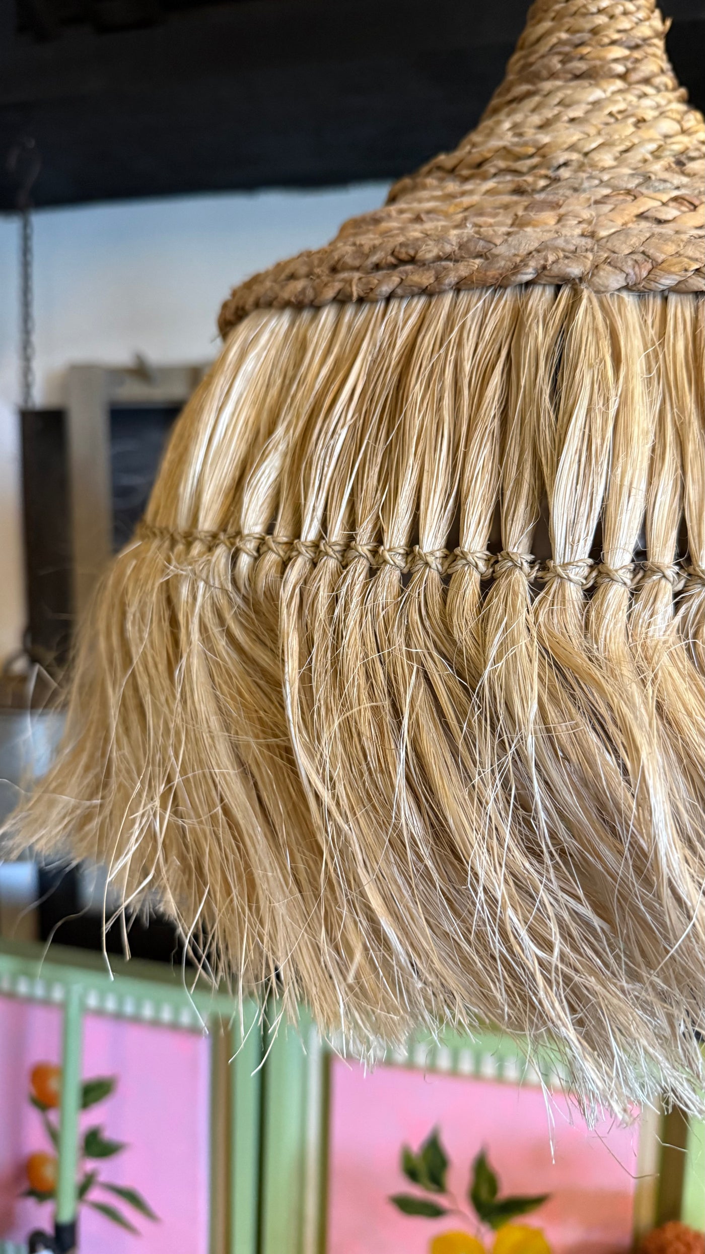 Lámpara Colgante de Fibra Natural con Flecos — Trenzado Tamaño Chico 34x34