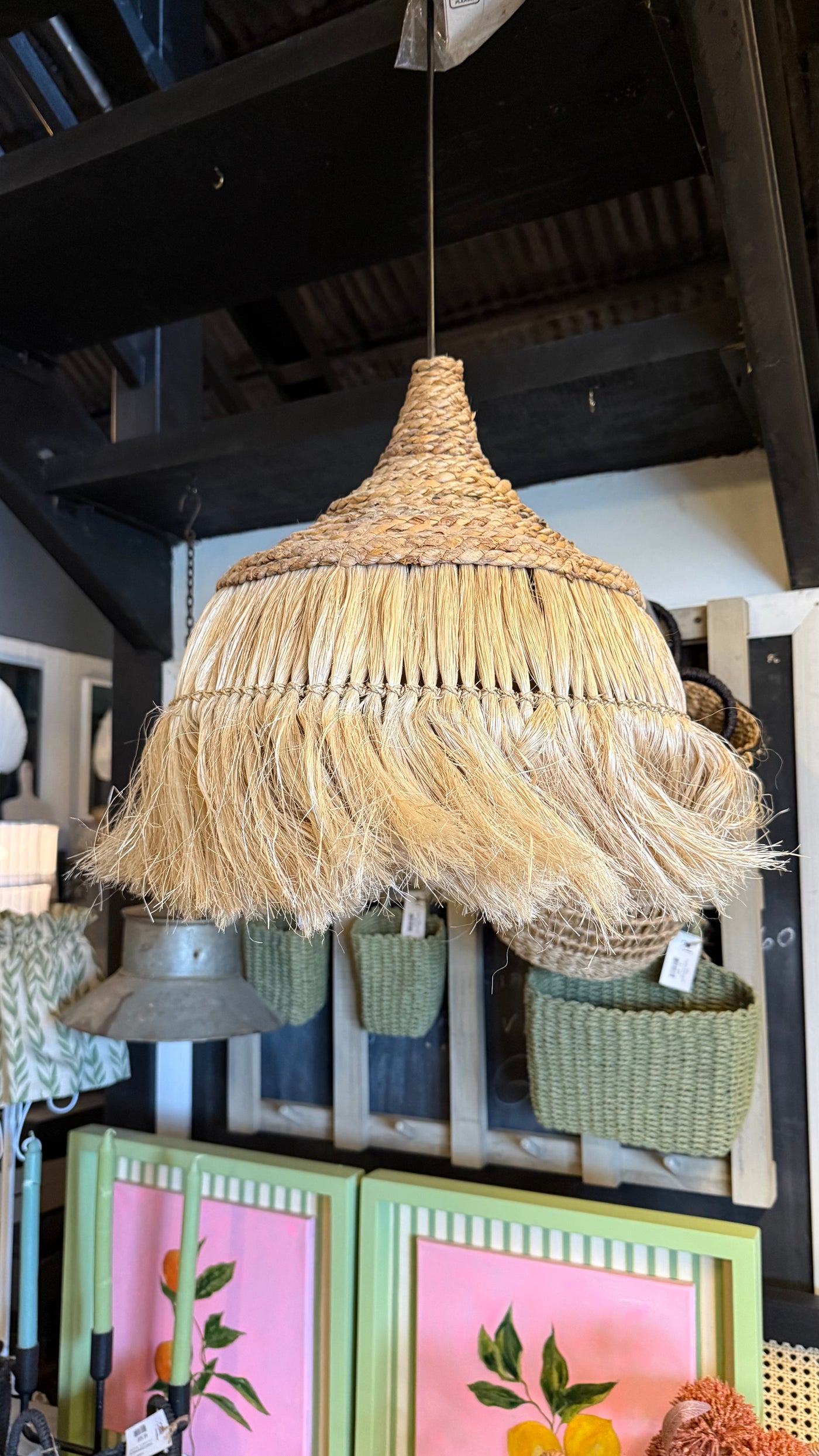 Lámpara Colgante de Fibra Natural con Flecos — Trenzado Tamaño Chico 34x34