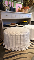 Puff Redondo con Funda de Lino - Vuelos Blanco con Lineas Negras 62x62x36