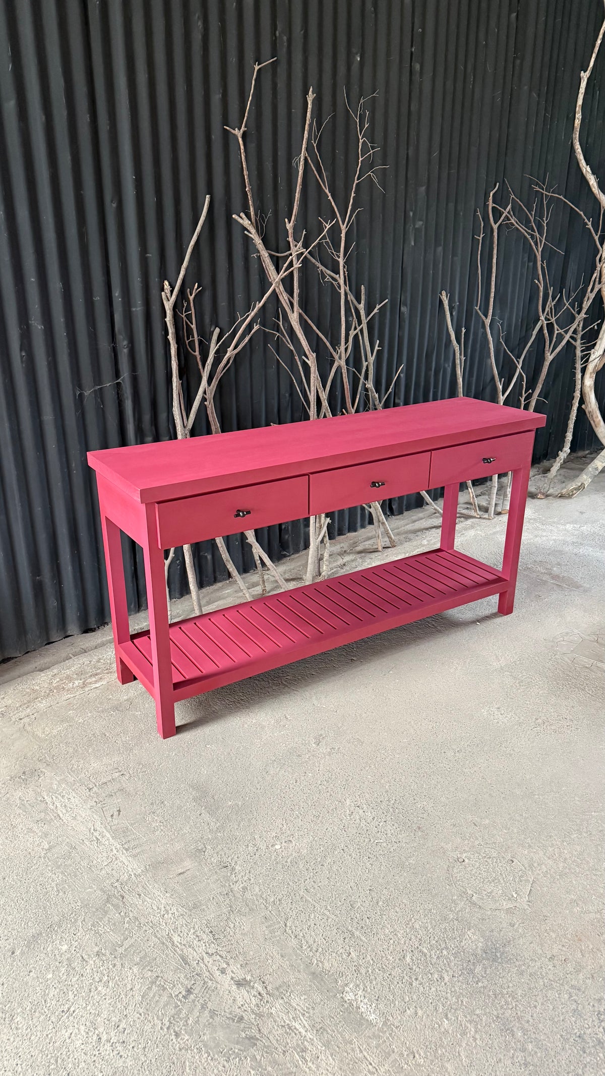 Arrimo Tres Cajones — Repisa Tablitas Pino Clear Color Guinda 150x40x78