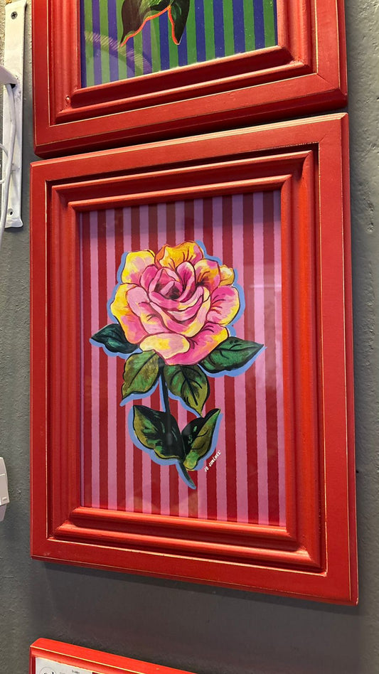 Cuadro lámina flor líneas 2 marco rojo