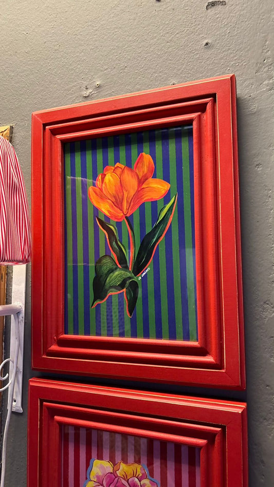 Cuadro lámina flor líneas 3 marco rojo