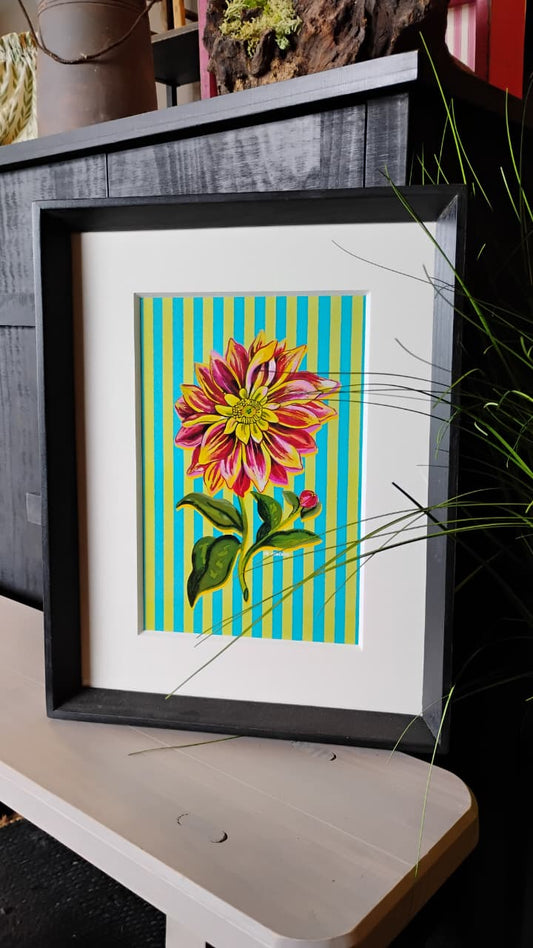 Cuadro flor líneas verde amarillo