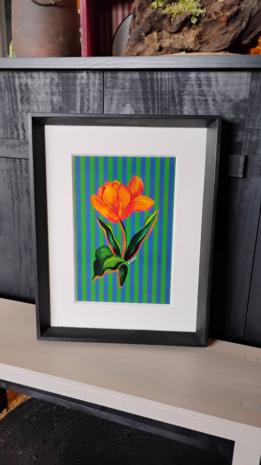 Cuadro flor líneas verde azul