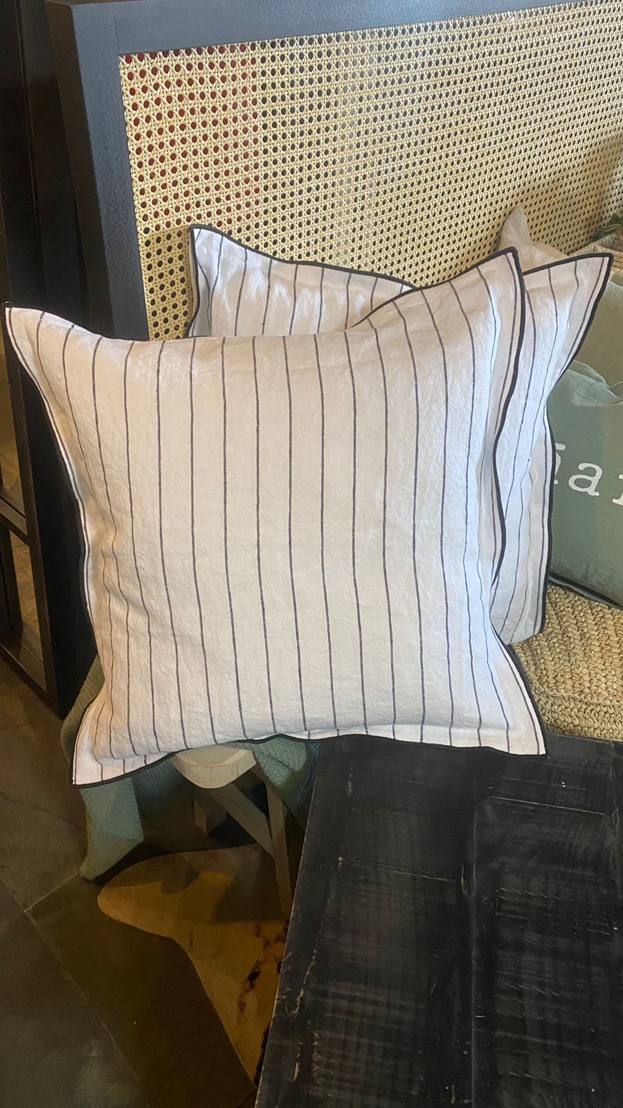 Cojin lino blanco lineas negra borde negro 50x50 plumas